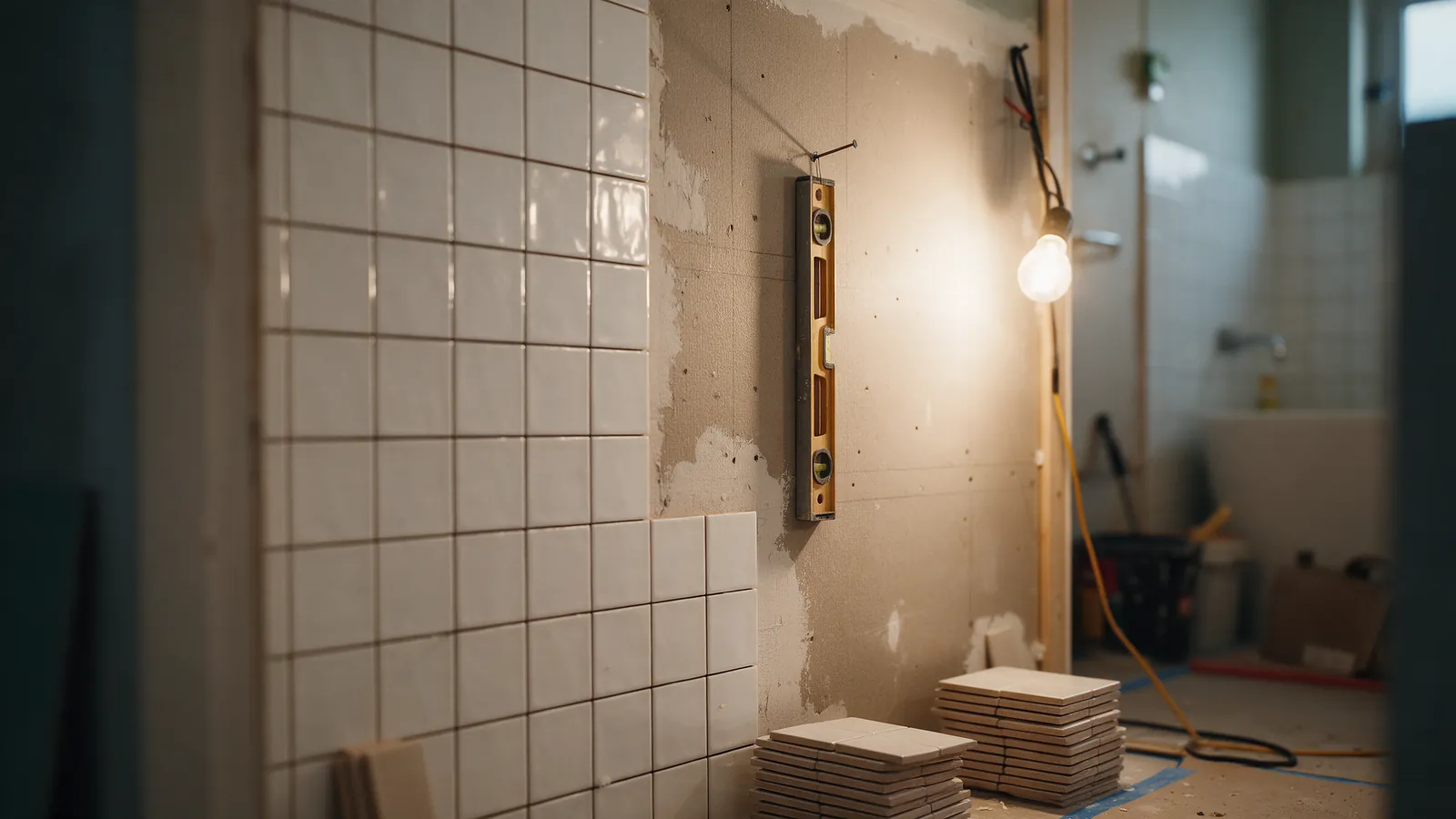 Baño a medio instalar con la mitad de la pared alicatada en blanco y la otra mitad en cemento visto