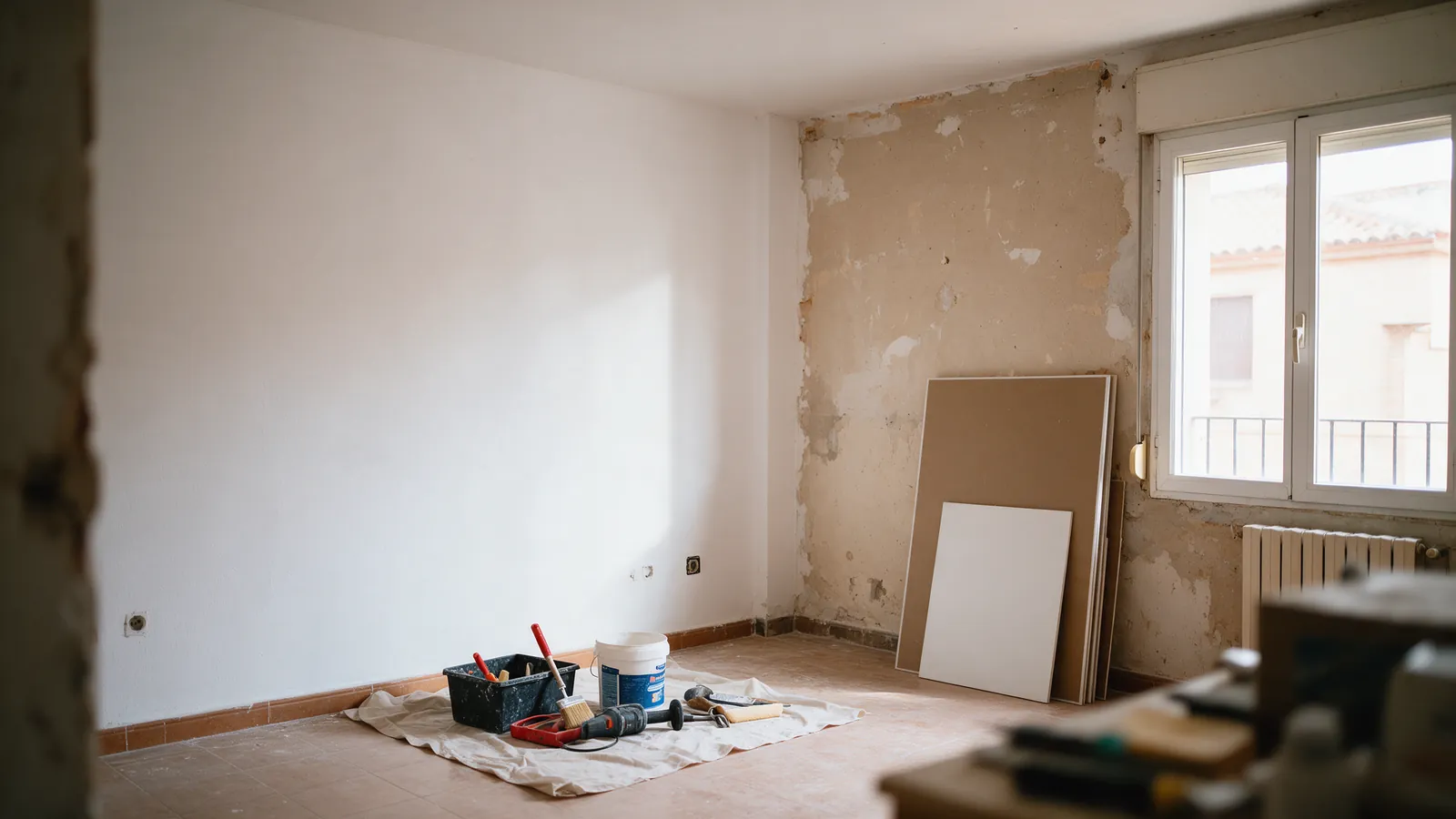 Piso a medio reformar, pared recién pintada de blanco y herramientas sobre una lona
