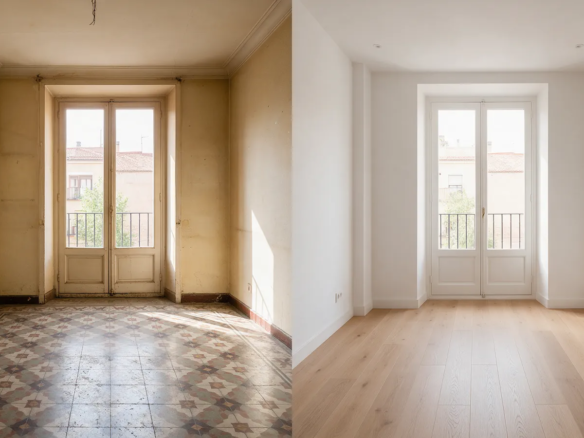 Salón de piso de los años setenta a medio reformar, con azulejos antiguos a un lado y pared recién pintada al otro