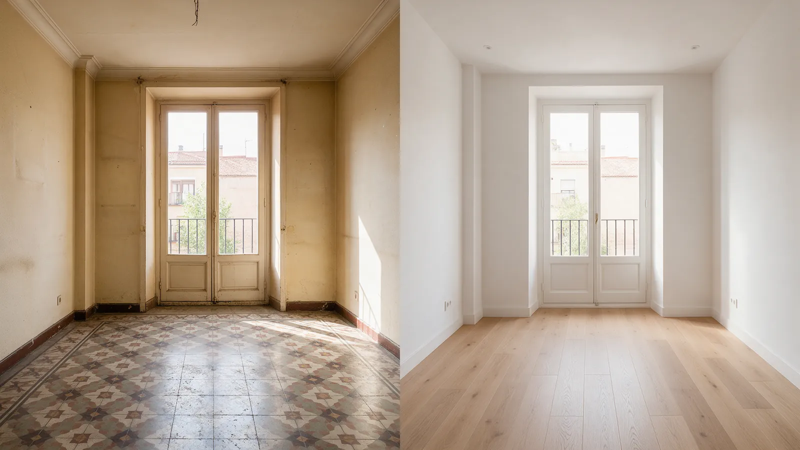 Salón de piso de los años setenta a medio reformar, con azulejos antiguos a un lado y pared recién pintada al otro