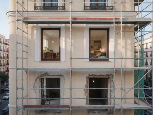 Fachada de un edificio de Madrid con andamios, dos ventanas con interiores terminados y dos en obra en bruto
