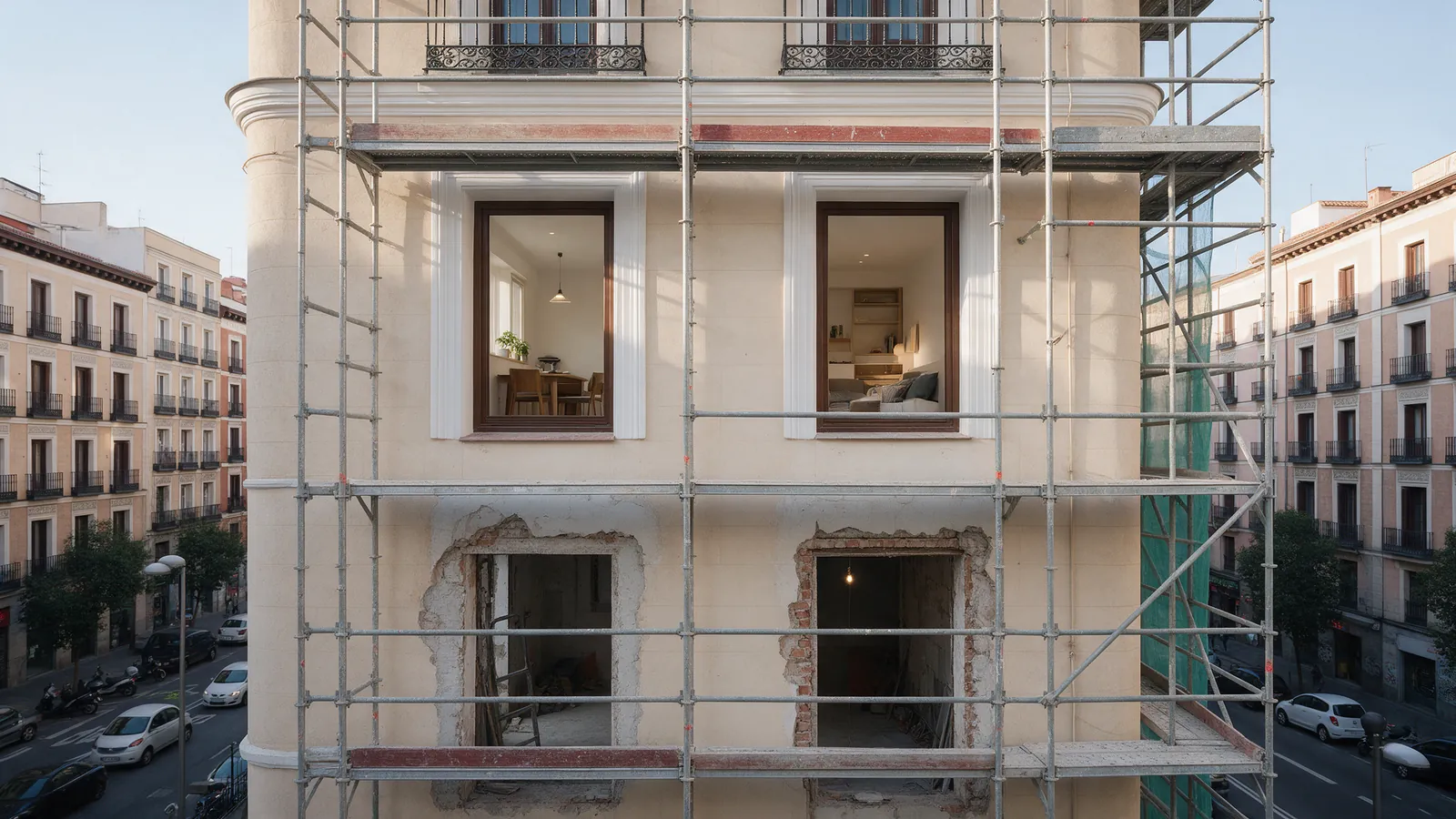 Fachada de un edificio de Madrid con andamios, dos ventanas con interiores terminados y dos en obra en bruto