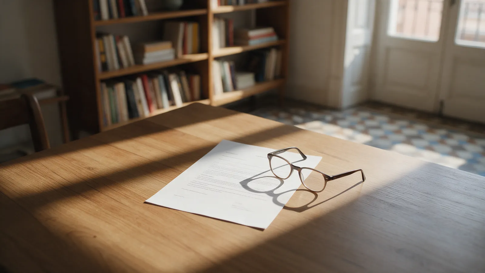 Contrato de arrendamiento y unas gafas de lectura sobre una mesa de comedor en un piso luminoso de Madrid