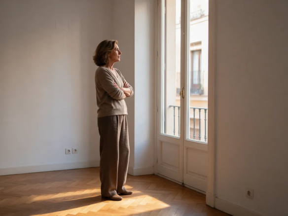Mujer pensativa junto a la ventana de un piso vacío en Madrid con luz cálida