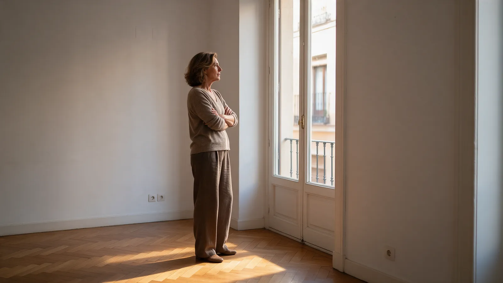 Mujer pensativa junto a la ventana de un piso vacío en Madrid con luz cálida
