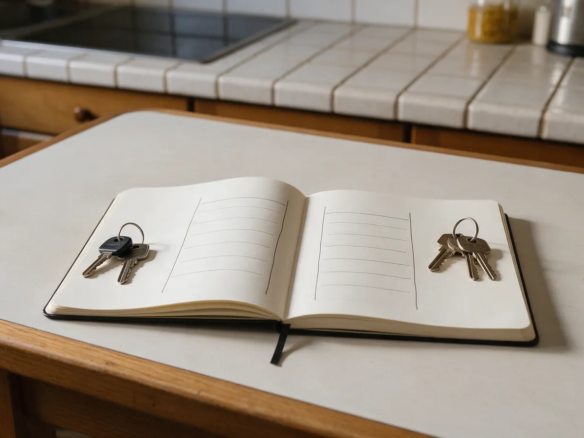 Dos juegos de llaves de piso colocados en extremos opuestos de una libreta con columnas dibujadas a mano