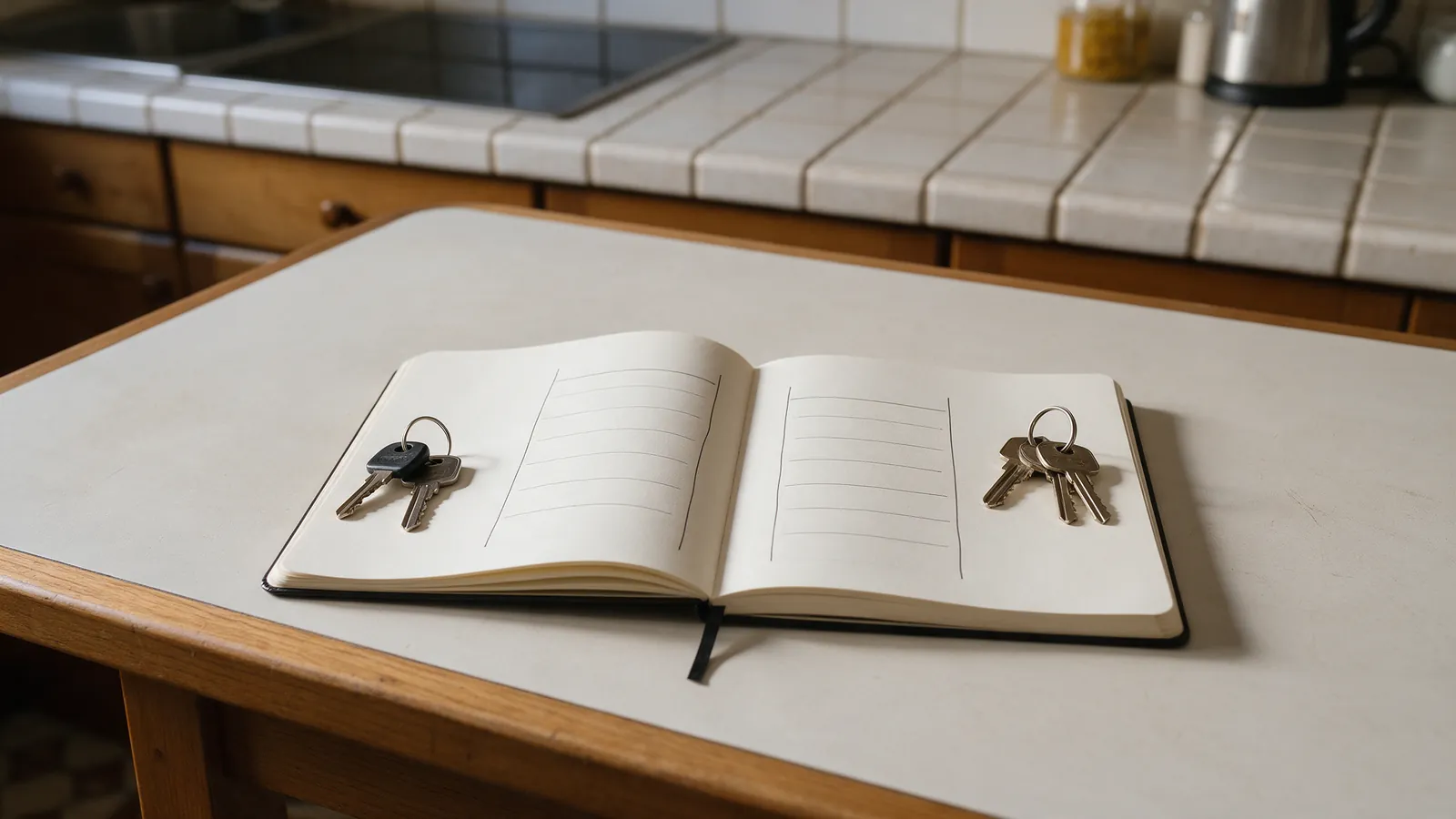 Dos juegos de llaves de piso colocados en extremos opuestos de una libreta con columnas dibujadas a mano