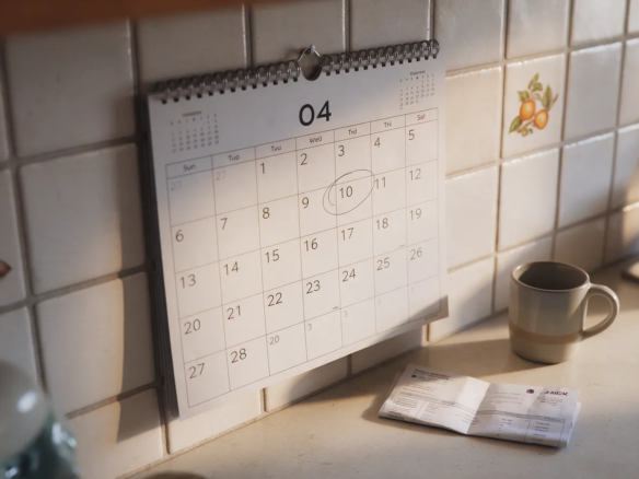Calendario de cocina español con el día 5 marcado a bolígrafo junto a un extracto bancario y una taza de café