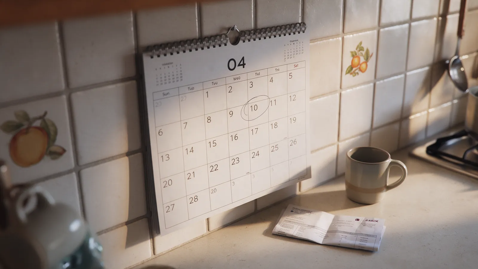 Calendario de cocina español con el día 5 marcado a bolígrafo junto a un extracto bancario y una taza de café