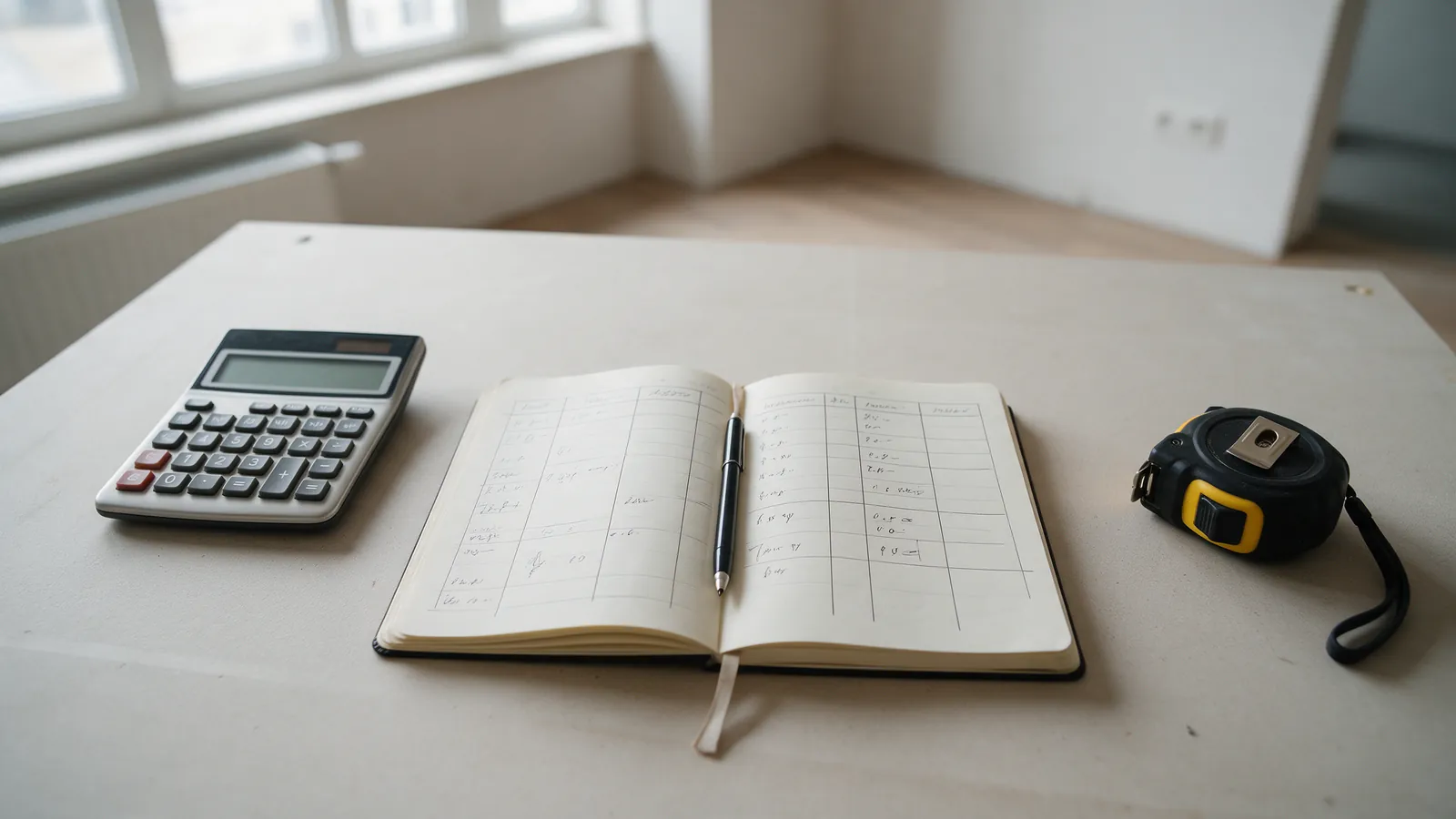 Cuaderno con columnas escritas a mano, calculadora y cinta métrica sobre una mesa en un piso recién reformado