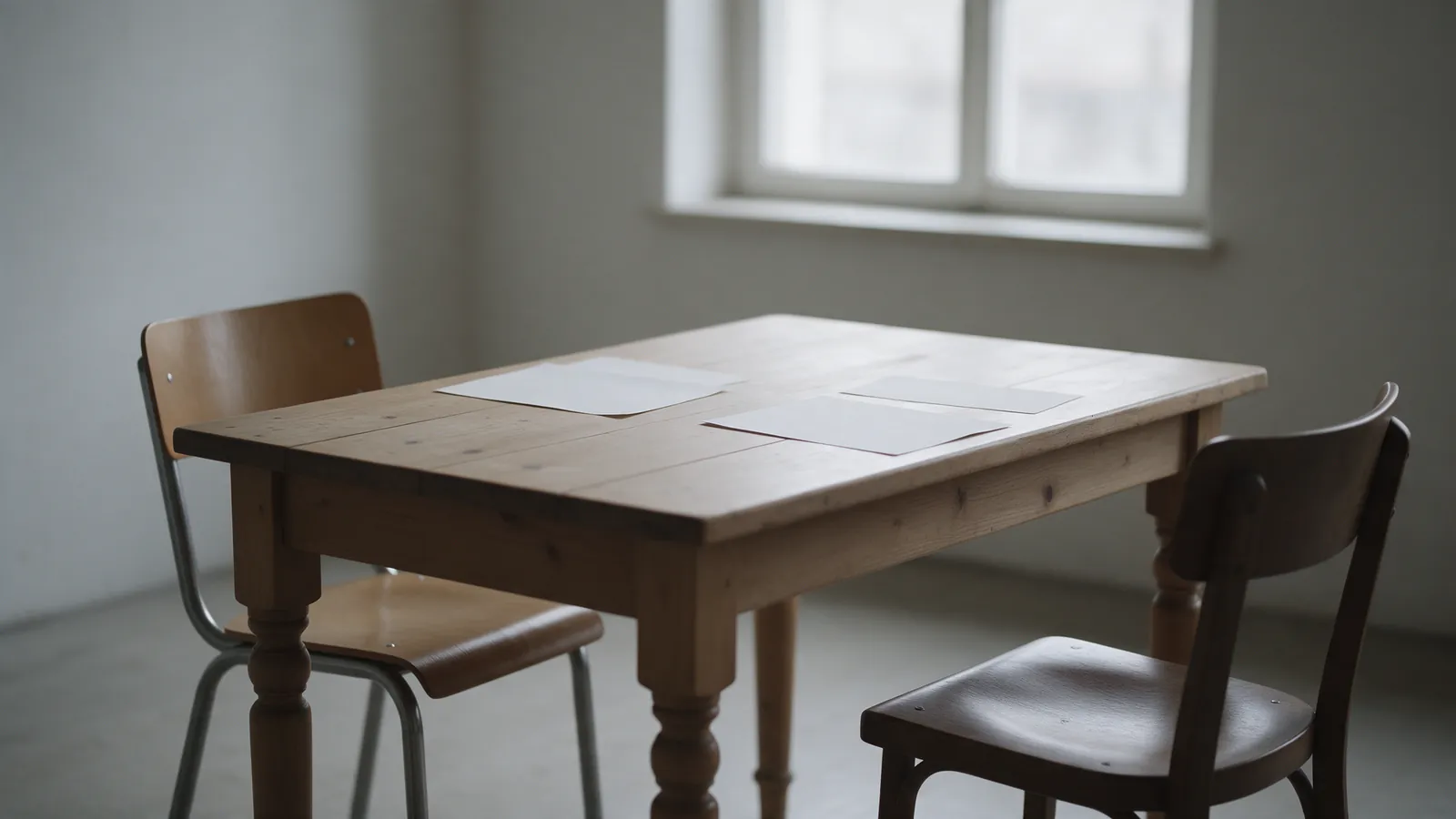 Dos sillas vacías enfrentadas sobre una mesa de madera desnuda en una habitación sencilla con luz gris de ventana