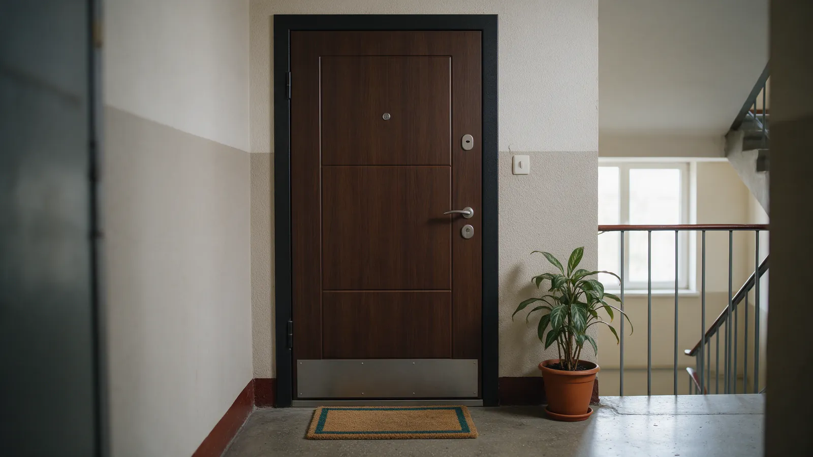 Puerta cerrada de un piso en un rellano con felpudo y una planta, luz neutra de un ventanal de escalera