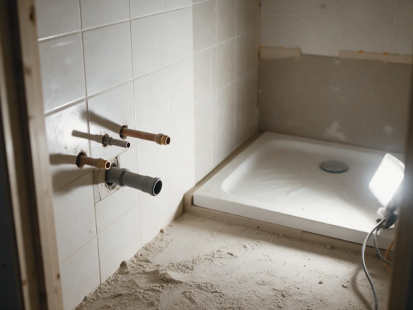 Baño nuevo en obras con tuberías vistas saliendo de la pared alicatada y un plato de ducha ya instalado