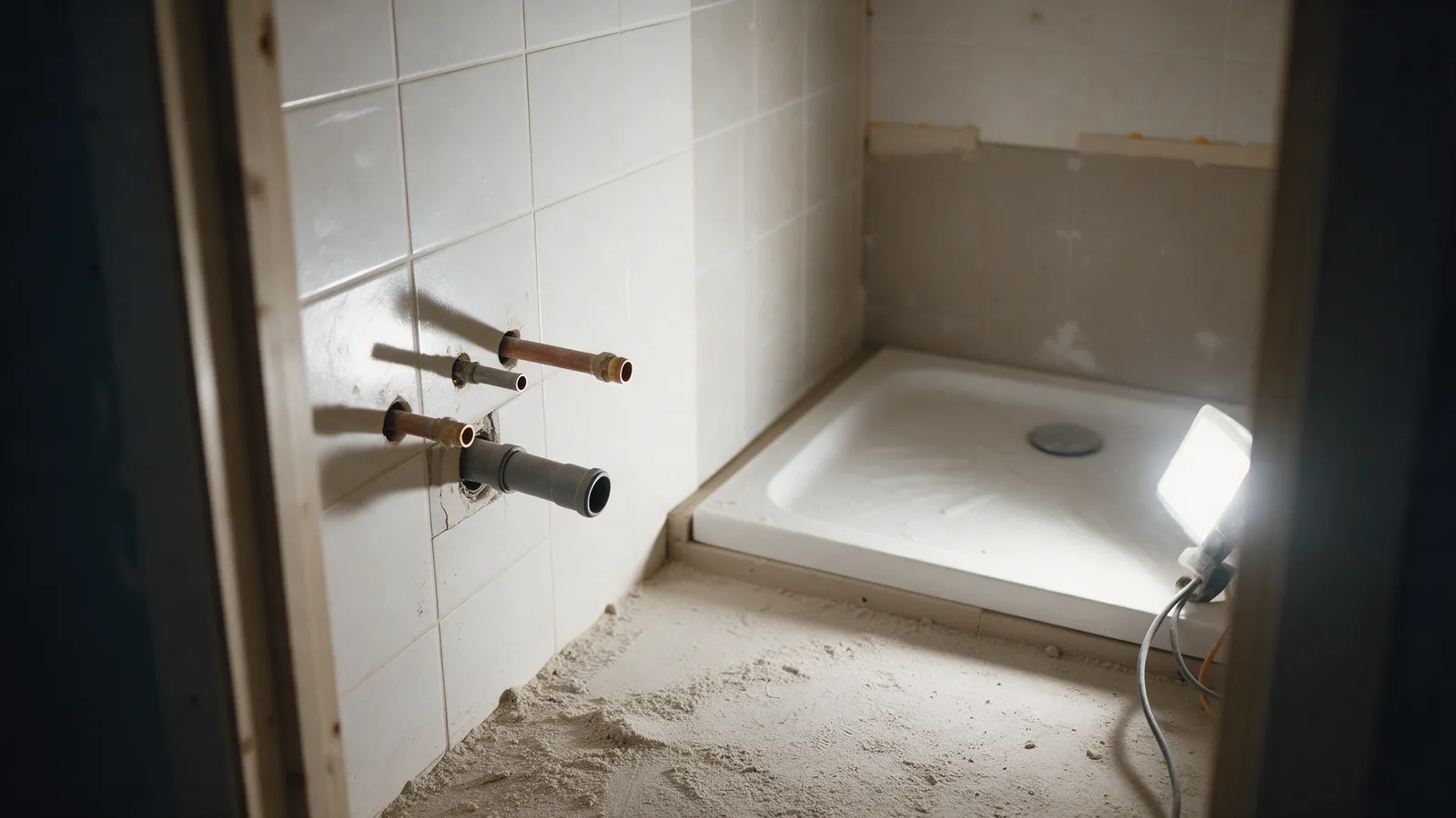 Baño nuevo en obras con tuberías vistas saliendo de la pared alicatada y un plato de ducha ya instalado