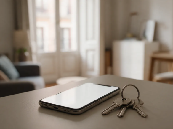 Teléfono móvil boca arriba con pantalla en blanco junto a un juego de llaves sobre una mesa con luz de ventana