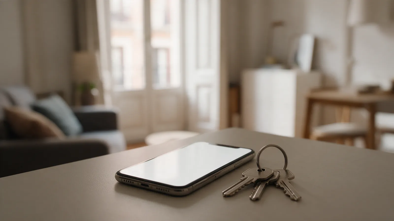 Teléfono móvil boca arriba con pantalla en blanco junto a un juego de llaves sobre una mesa con luz de ventana