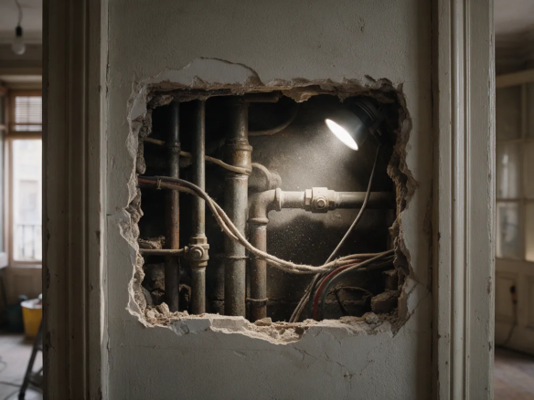 Detalle de un hueco de pared abierto en un piso antiguo de Madrid con tuberías oxidadas y cableado antiguo a la vista