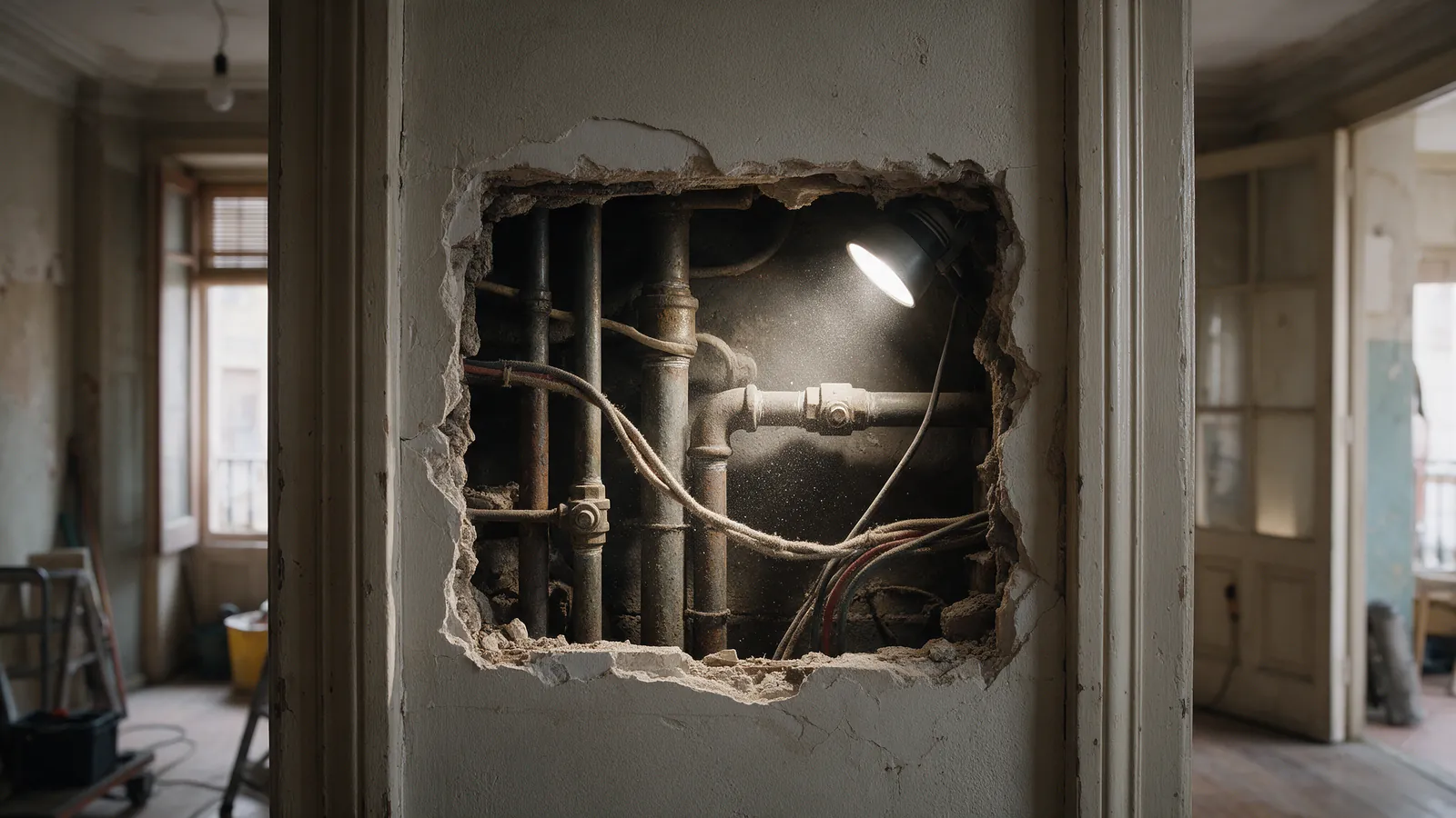 Detalle de un hueco de pared abierto en un piso antiguo de Madrid con tuberías oxidadas y cableado antiguo a la vista