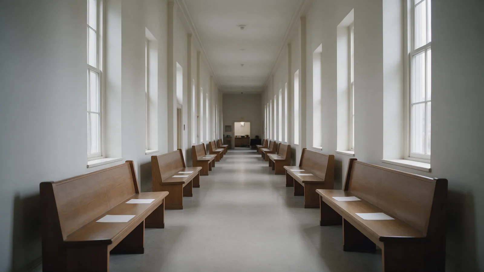 Pasillo vacío de estilo juzgado con bancos de madera y ventanales altos en luz gris