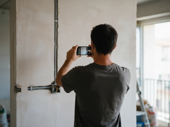 Inversor visto de espaldas fotografiando con el móvil una pared recién enlucida con instalación eléctrica vista