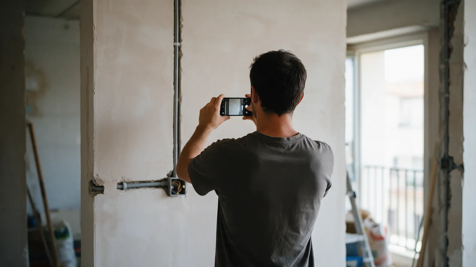 Inversor visto de espaldas fotografiando con el móvil una pared recién enlucida con instalación eléctrica vista