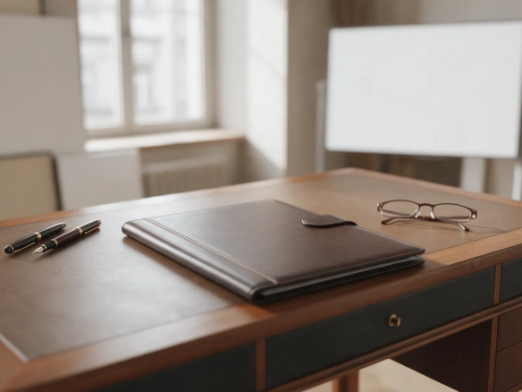 Mesa de despacho notarial con una carpeta cerrada, dos bolígrafos y gafas de lectura junto a una ventana
