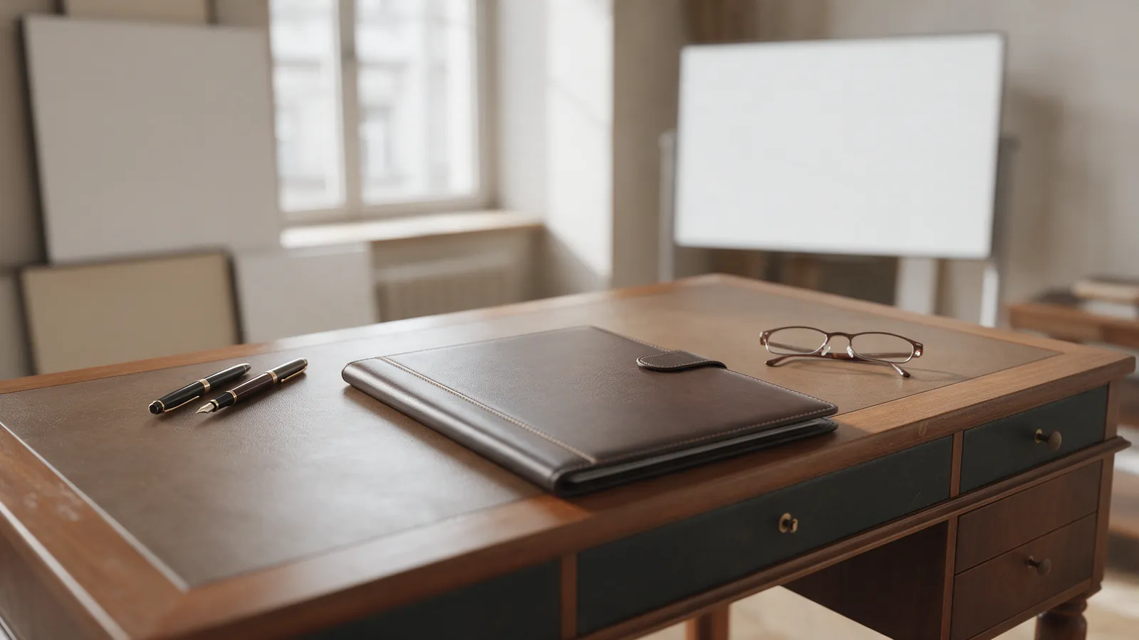 Mesa de despacho notarial con una carpeta cerrada, dos bolígrafos y gafas de lectura junto a una ventana