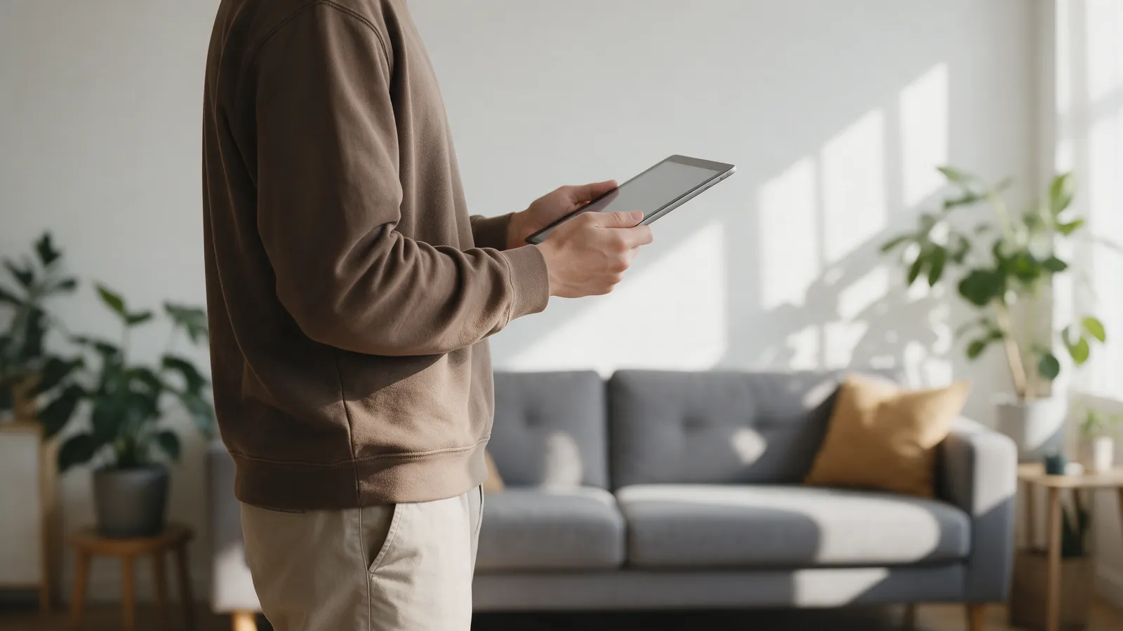Persona sosteniendo una tablet con interfaz desenfocada en un salón luminoso con sofá y plantas