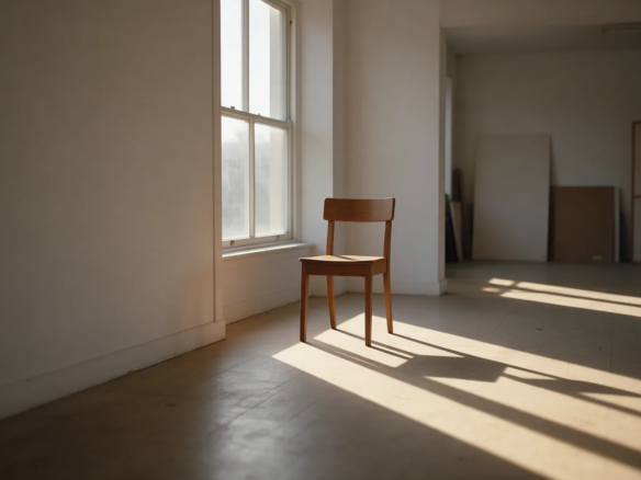 Habitación vacía con paredes desnudas, una silla junto a la ventana y sombras largas de tarde