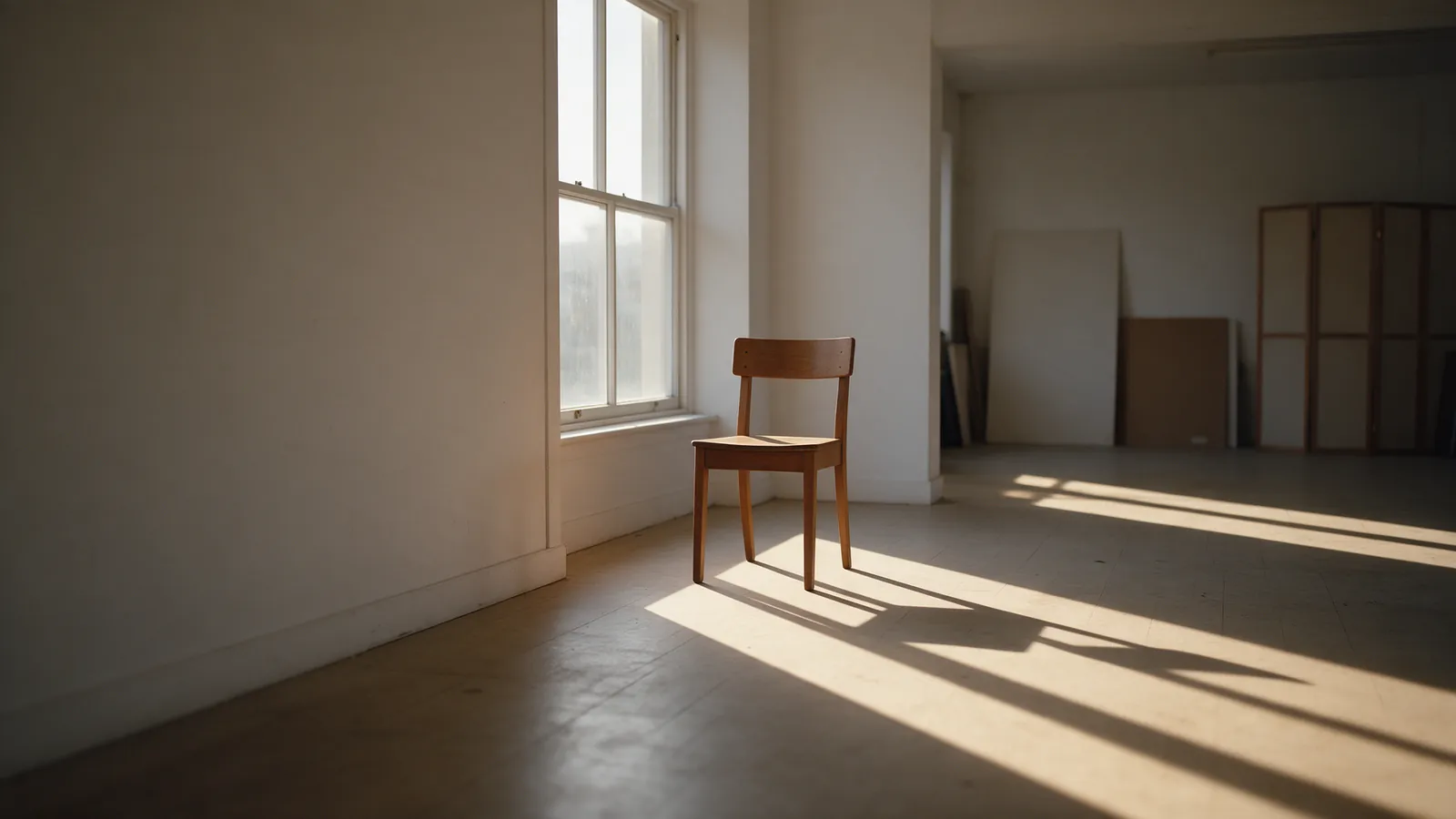 Habitación vacía con paredes desnudas, una silla junto a la ventana y sombras largas de tarde
