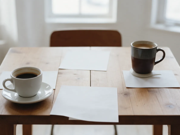 Dos tazas de café en extremos opuestos de una mesa de madera vista desde arriba, luz natural