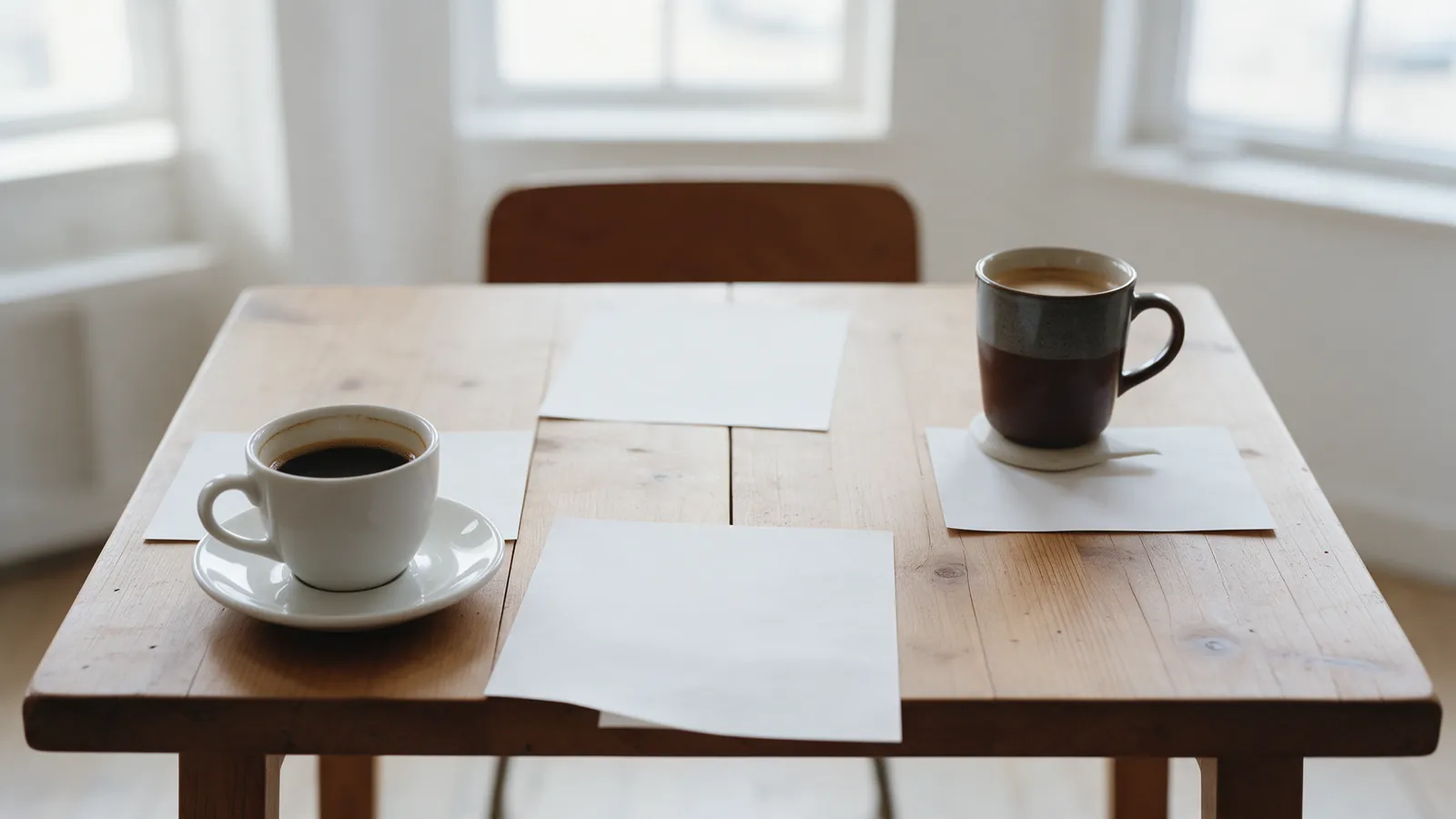 Dos tazas de café en extremos opuestos de una mesa de madera vista desde arriba, luz natural