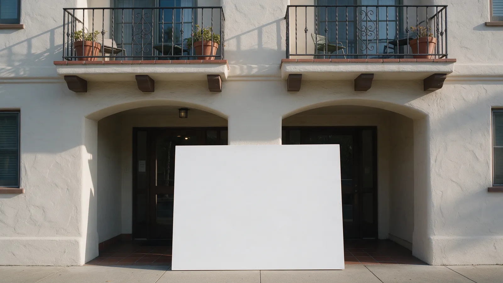 Cartel de venta en blanco sin texto apoyado contra la fachada de un edificio residencial en luz de mañana