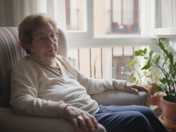 Persona mayor sentada en un sillón junto a una ventana soleada en un piso clásico de Madrid con plantas
