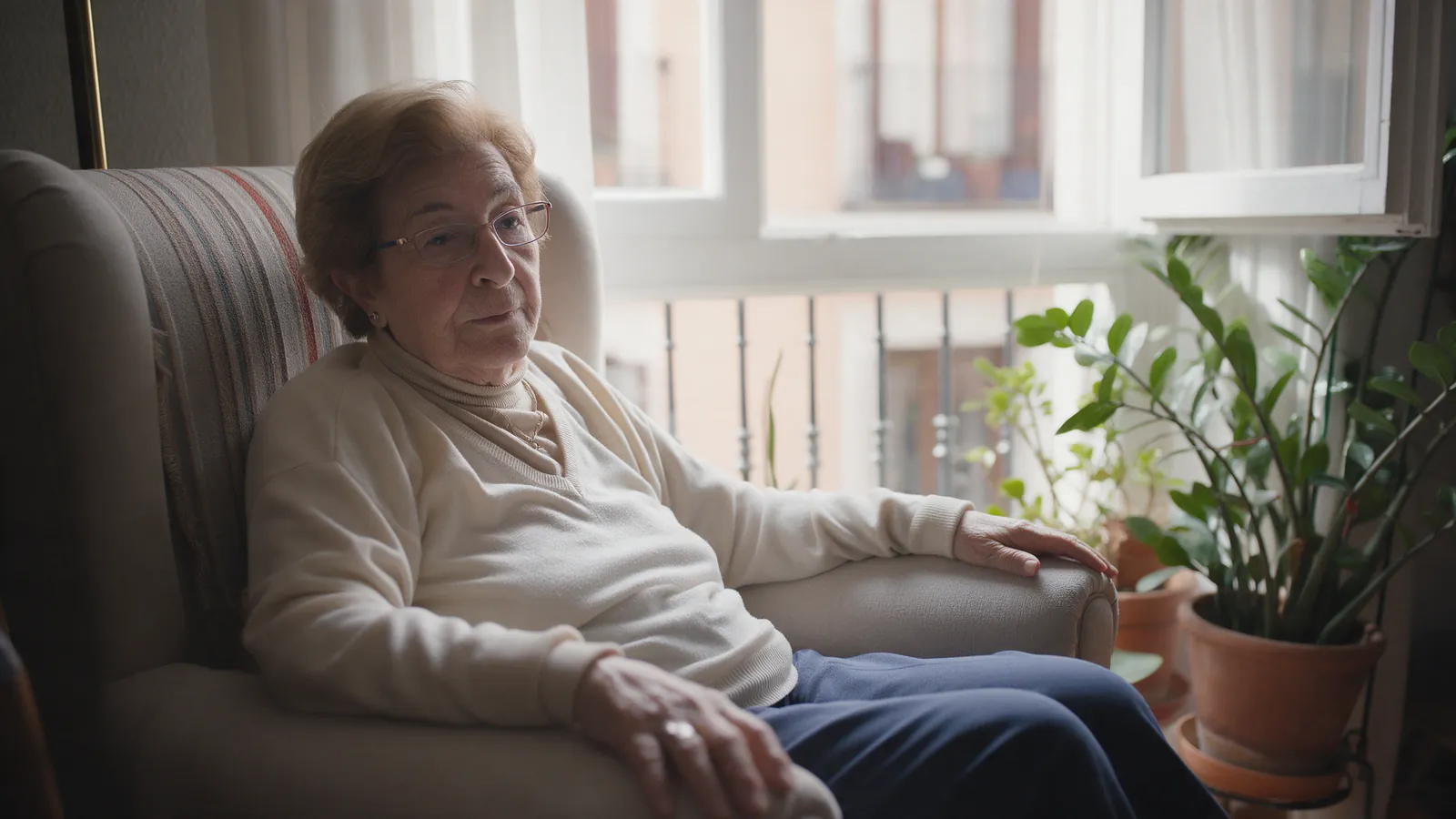 Persona mayor sentada en un sillón junto a una ventana soleada en un piso clásico de Madrid con plantas