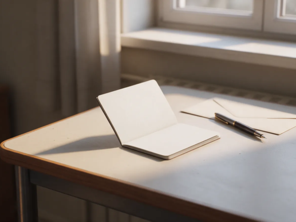 Escritorio junto a una ventana con un pasaporte cerrado, un bolígrafo y un sobre en luz de tarde