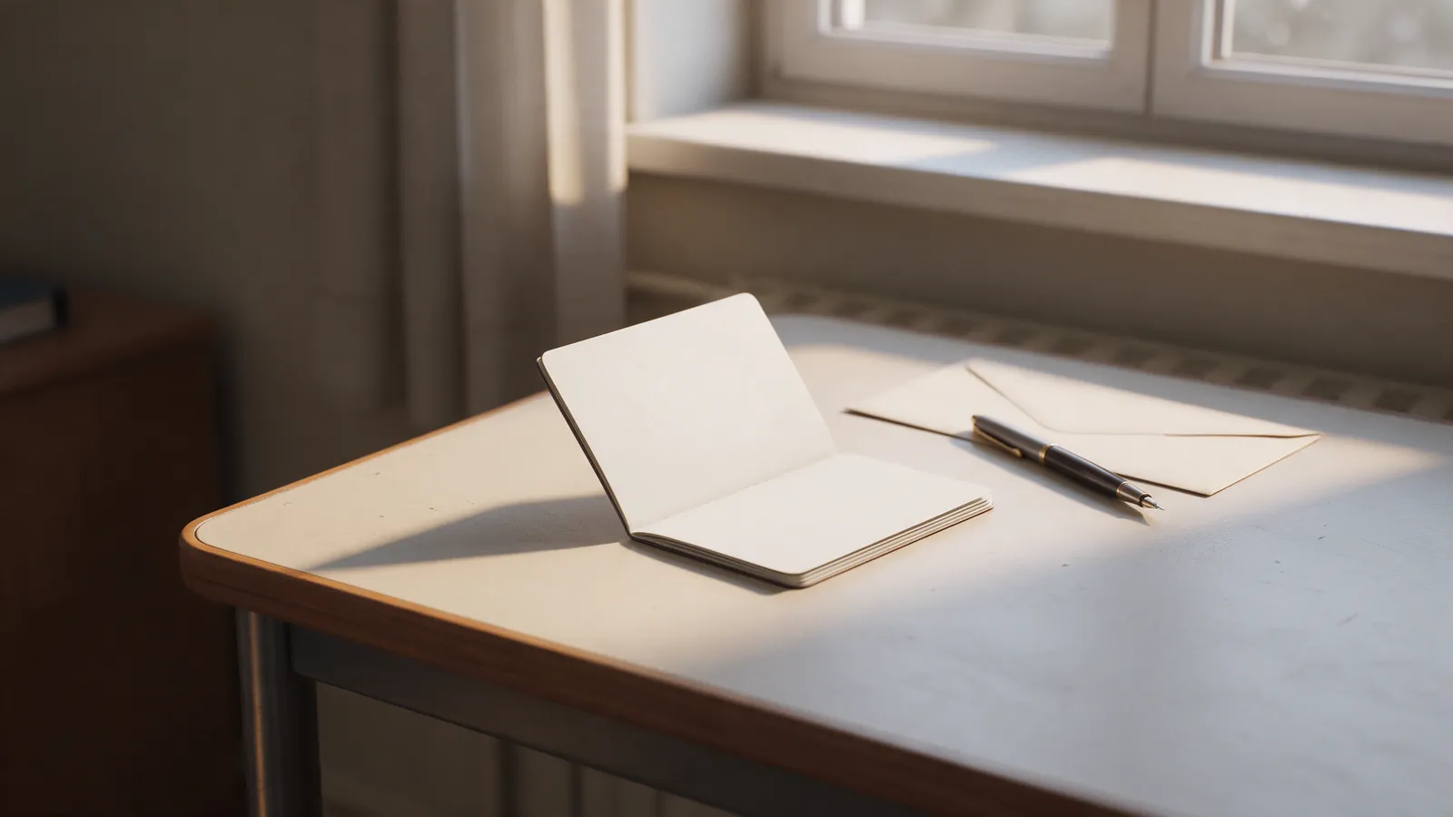 Escritorio junto a una ventana con un pasaporte cerrado, un bolígrafo y un sobre en luz de tarde