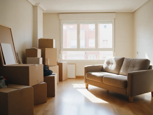 Salón a medio vaciar con cajas de mudanza a un lado y un sofá al otro, luz de día