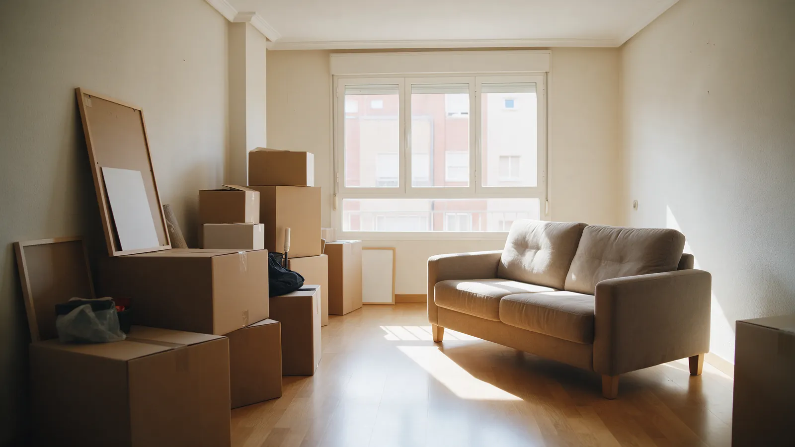 Salón a medio vaciar con cajas de mudanza a un lado y un sofá al otro, luz de día