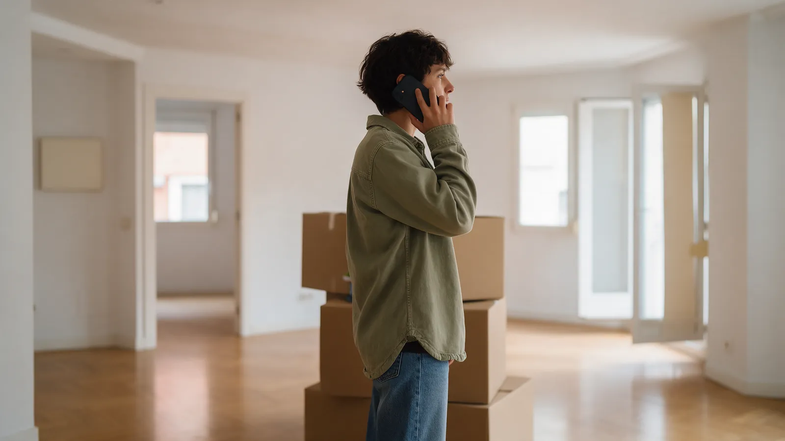 Persona sola en un piso vacío y luminoso hablando por teléfono, con cajas de mudanza apiladas al fondo