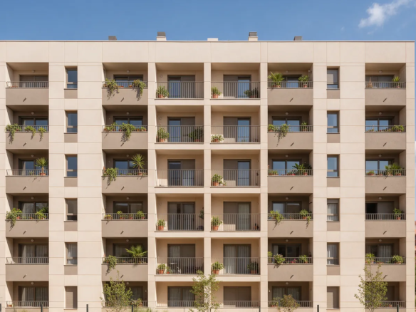 Fachada de un bloque de vivienda pública moderno en un barrio de Madrid con balcones y plantas