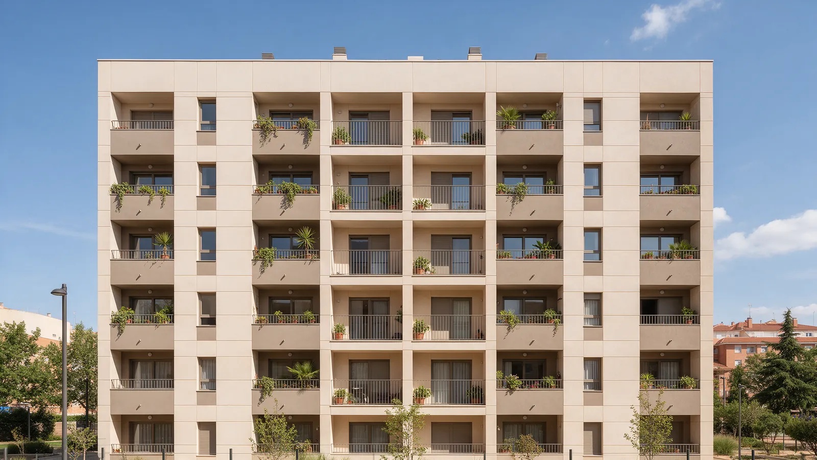 Fachada de un bloque de vivienda pública moderno en un barrio de Madrid con balcones y plantas